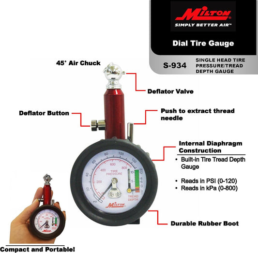 (S-934) Dial Tire Pressure Gauge - Single Head Tire Tread Depth Gauge
