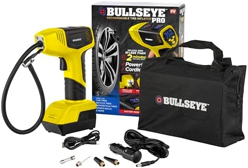 BULLSEYE PRO Tire Inflator with Pressure Gauge, Compact and Portable, Automatic Shut Off, 150 PSI Max, USB Home Rechargeable and Cord for Vehicular Use As Seen On TV (9475)