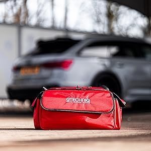 Gtechniq Detailer Bag for Cars, 26.8" x 9.8" x 11" | Organize and Store Your Detailing Products and Polishing Machines, Configurable Inside, Two Side Pockets with Elastic Retainer, Large Front Pocket