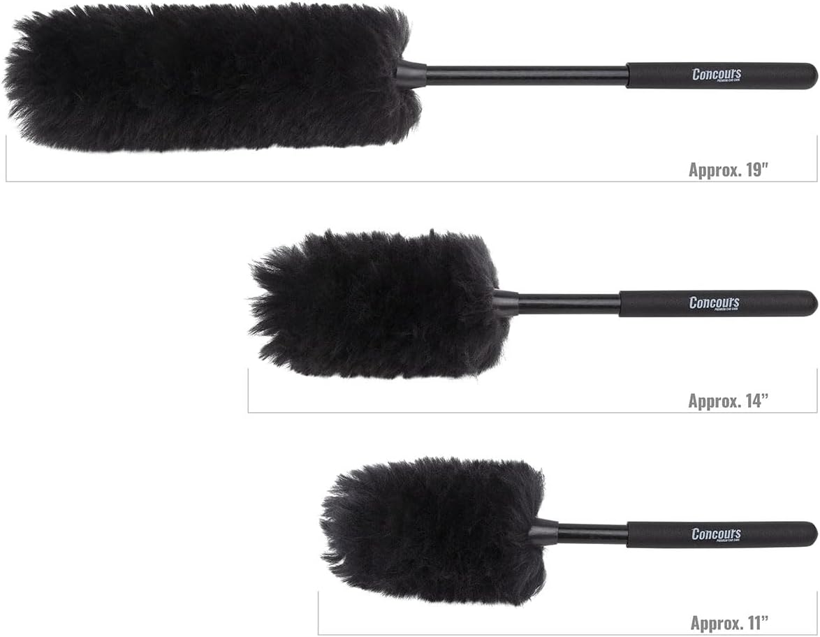 Eastwood Concours Premium Cleaning Woolies | Professional Long Handle Soft Brush for Wheels & Tires, Interior Detailing, and Household Cleaning | Made of 100% Wool and Anti-Scratch on Paint | Set of 3