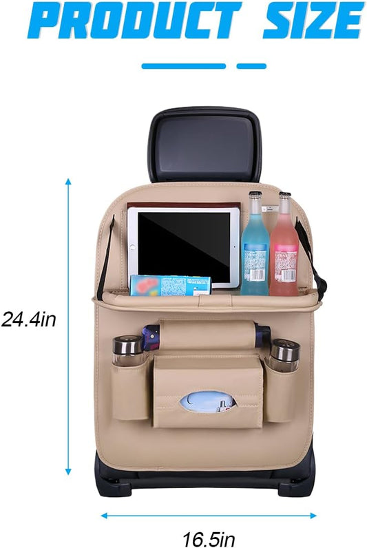 Car Seat Back Organizer, Leather Vehicle Seatback Storage Pocket with Foldable Table Tray, Multifunctional Automotive Backseat Protectors Kick Mats Accessories, Universal Fit (Brown)
