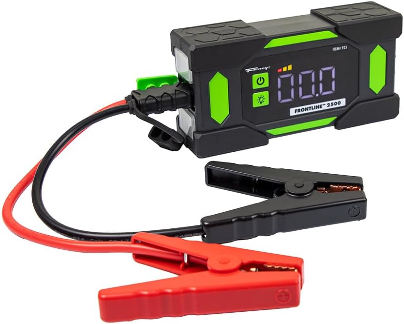 Forney Frontline 2500 Lithium Jump Starter Power Bank | 2500 peak amps 12V battery booster for gas and diesel engines. Features 60W USB C power delivery and a built in flashlight.