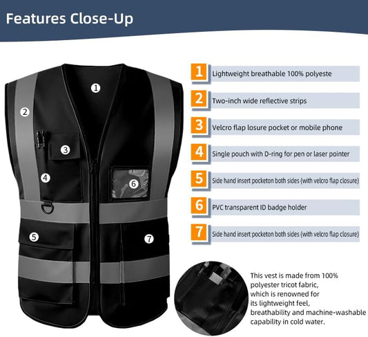Reflective Safety Vest for Women Men High Visibility Security With Pocket Zipper Front Meet ANSI/ISEA Standard