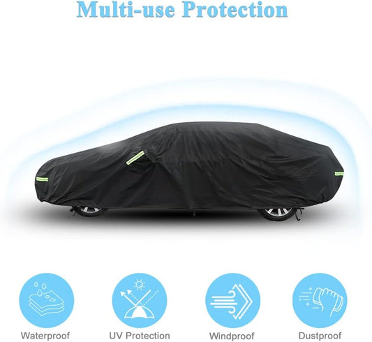 Car Cover Waterproof All Weather for Automobiles, Outdoor Full Exterior Covers for Sedan Black(Suggest Car Length from 194"-208")