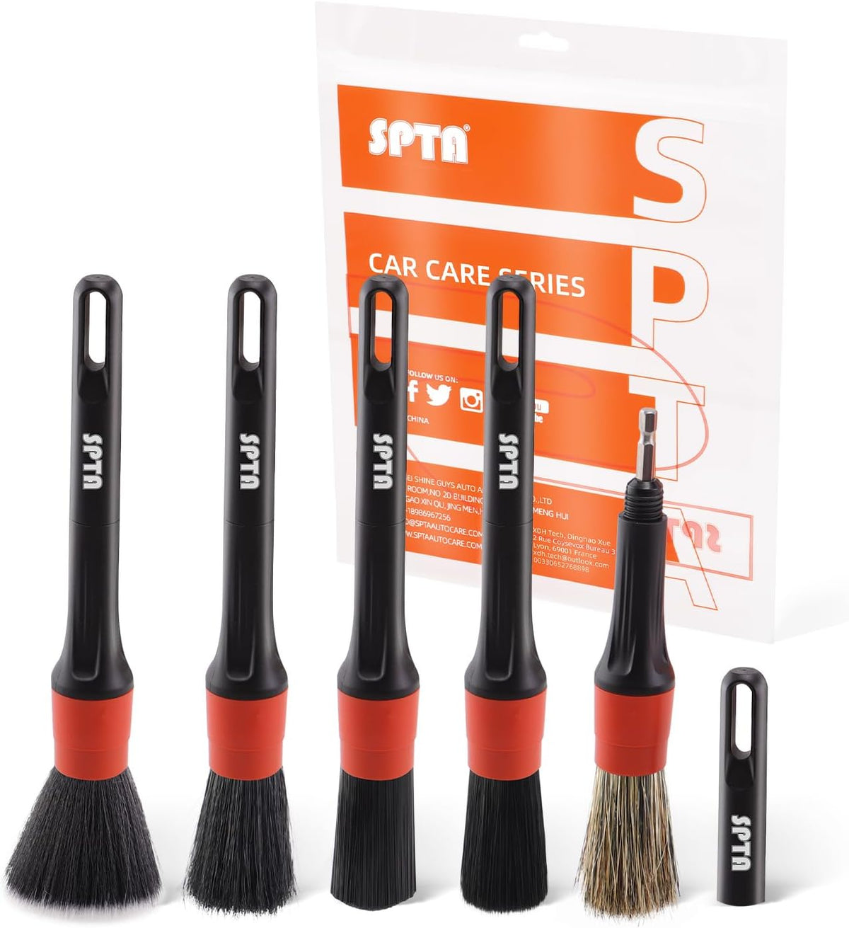 SPTA Car Detailing Brush Set, 5 Pack Soft Boar Hair Auto Detail Brush Kit with Elbow for Automotive Elegant Surface Interior Exterior Dashboard Emblems Panels Engine Bay Wheels Air Vent Seat Leather
