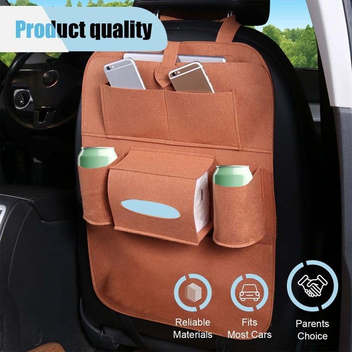LAINLOY Felt Car Seat Back Organizer, Kick Mats Car Back Seat Protector for Kids, 6-Pocket Storage for Tissue, Box, Pen, Toy, Automobile Road Trip Accessories for SUV, RV, Truck (Black)
