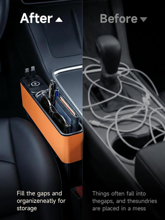 Elecshion Car Seat Gap Filler Organizer with 69W Retractable Car Charger, 2 USB Ports and 2 Charging Cable Car Seat Organizer, Seat Gap Storage Box for Sedans SUV Truck, Car Interior Accessories