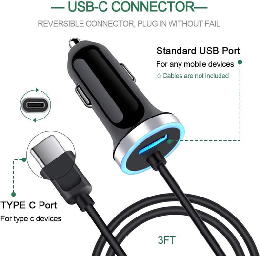 USB C Car Charger, 3.4A Fast Charging Car Charger for Samsung Galaxy S26 S25 Ultra S24 FE S23 S22 S21 S20 S10E S9 S8 Note 20 10 A16 A15 A14 A56 A36 A26 A50 A20 A51 A71 A21 A10E, with 3ft Type C Cable
