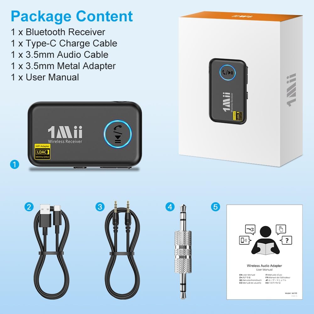 1Mii Bluetooth 5.3 Music Receiver for Car/Home Stereo, Aux Bluetooth Adapter for Car with Volume Control Supports Hands Free Calls, 16H Battery Life
