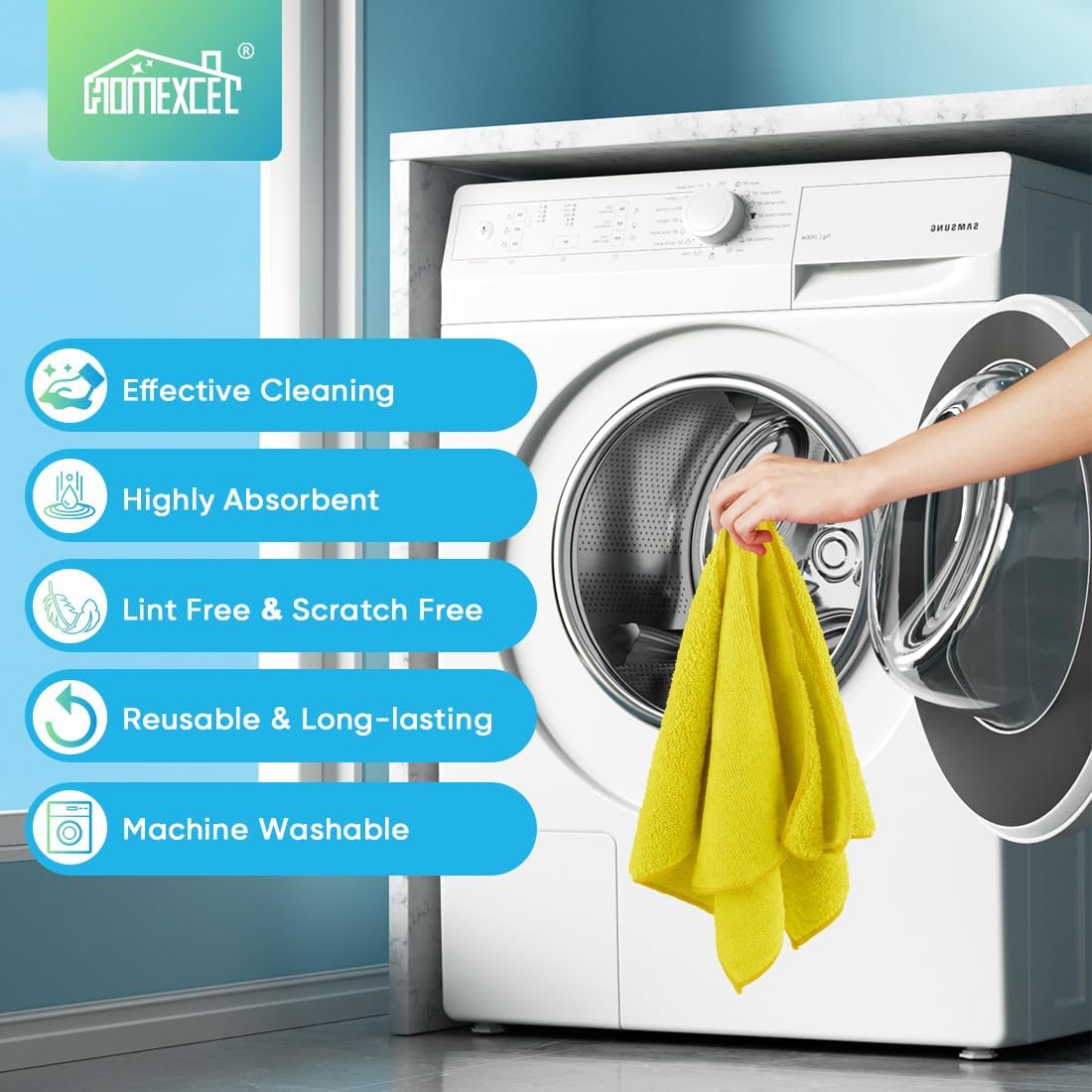 HOMEXCEL Microfiber Cleaning Cloth 210GSM, Pack of 12, Size:11.5" x 11.5", Ultra-Soft, High-Density Non-Abrasive Cleaning Towels for Cars, Glass, Kitchen, Reusable Rags, Blue/Green/Yellow/Pink