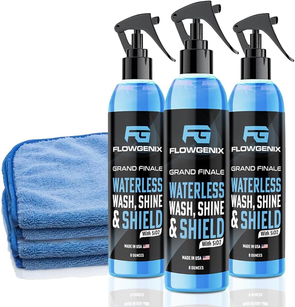 Flowgenix™ Waterless Car Wash Spray - Grand Finale - Motorcycle Cleaner & Car Wax Polish (8 oz) - Ceramic Coating - Incl. 2 Microfiber Towels - Quick Detailer Spray to Make Your Vehicle Shine