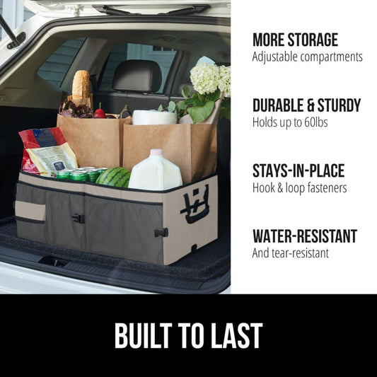 GORILLA GRIP Trunk Organizer for SUV and Cars, Large Capacity Collapsible Car Trunk Storage Organizer, Heavy Duty Car Accessories, Gifts for Mom and Dad, Slip & Water Resistant Multi Compartment Black