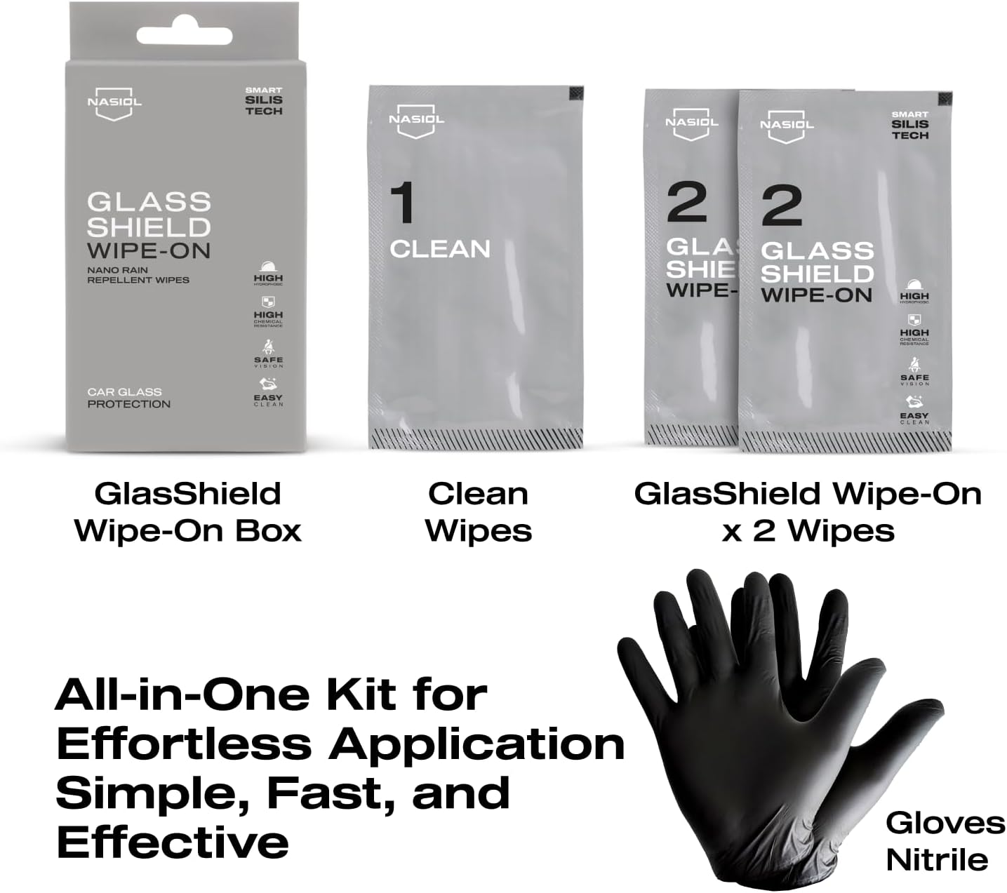 Nasiol GlasShield Wipe-On Nano Rain Repellent Wipe Kit, Ceramic Coating for Windshield, Quick & Easy Application, Easy to Clean, Car Rain-Repellant, Durable Lasts for 15,000 Miles