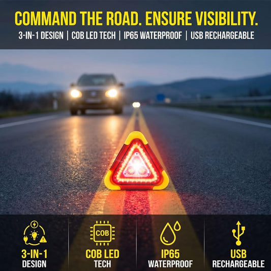 2026 New 3-in-1 Solar Emergency Triangle Warning Light at the Roadside, Portable LED Roadside Triangles with USB Rechargeable, Waterproof Hazard Reflector for Car Breakdowns (1Set, 6.5*7.28inch)