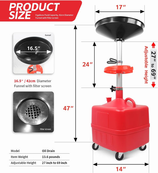 MaxWorks 50964 9-Gallon Portable Waste Oil Drain, Industrial Fluid Drain Square Tank with Wheels and Adjustable Funnel Height. Red.