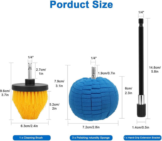 Linkstyle 5PCS Drill Polishing Ball Set, Car Wheel Polisher Sponge Pad Kit with Long Extension Pole & Cleaning Brush, Buffing Ball for 1/4" Hex Drill, Car Rim and Metal Surface Polishing Tool