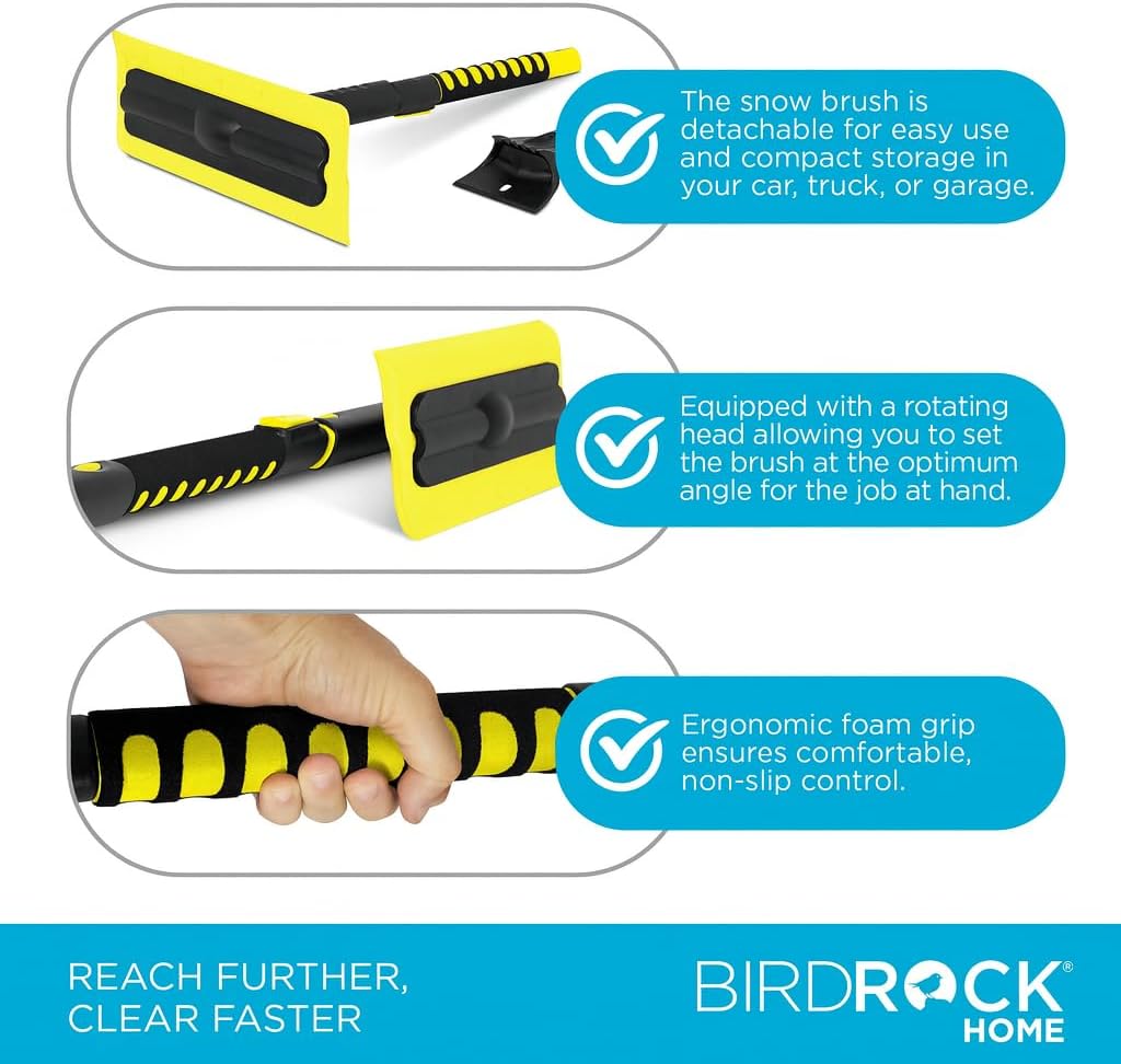 BIRDROCK HOME 55" Extendable Snow Brush & Ice Scraper for Car Windshield - Long Aluminum Grip for Truck, SUV - 14" Foam Head - Safe on Auto & Windows - Wide Frost Remover - Yellow