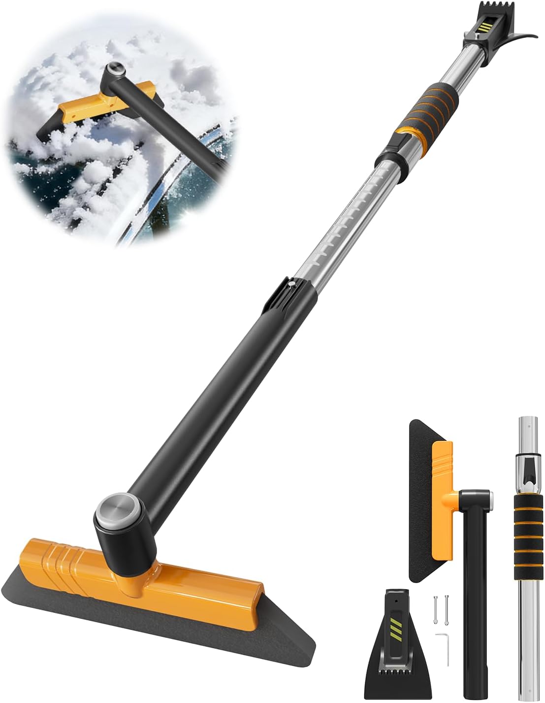 helloleiboo 43.7" Extendable Ice Scrapers for Car Windshield for 12 Adjustable Length Settings with Foam Grip and 360Β° Pivoting Brush Head Detachable Snow Brush for Truck SUV(Orange)