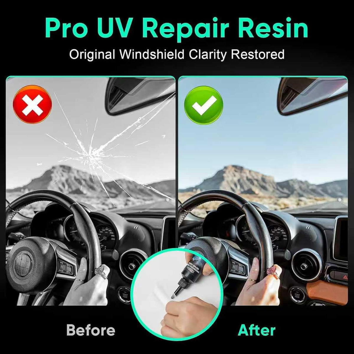 Windshield Crack Repair Liquid Kit - Car Glass Repair Fluid for Chips, Cracks and Star-Shaped Damages (2 Pack)