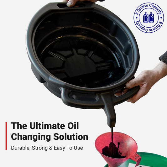 Oil Change Kit - Includes 8-Quart Oil Pan, Longneck Oil Funnel with Removable Filter, and 5 Pack of Shop Towels - Motor Oil Drain pan for Changing Oil - Oil Change Value Kit with by Foxtrot Living