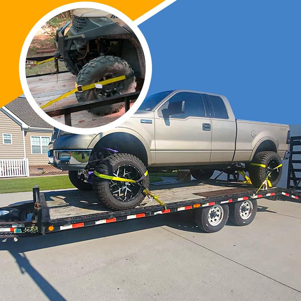 Car Tie Down Straps for Trailers- 4 Pack 2"x96" with Tire Strap 3,300lb Safe Working Load - Adjustable Straps with Snap Hooks (Green)