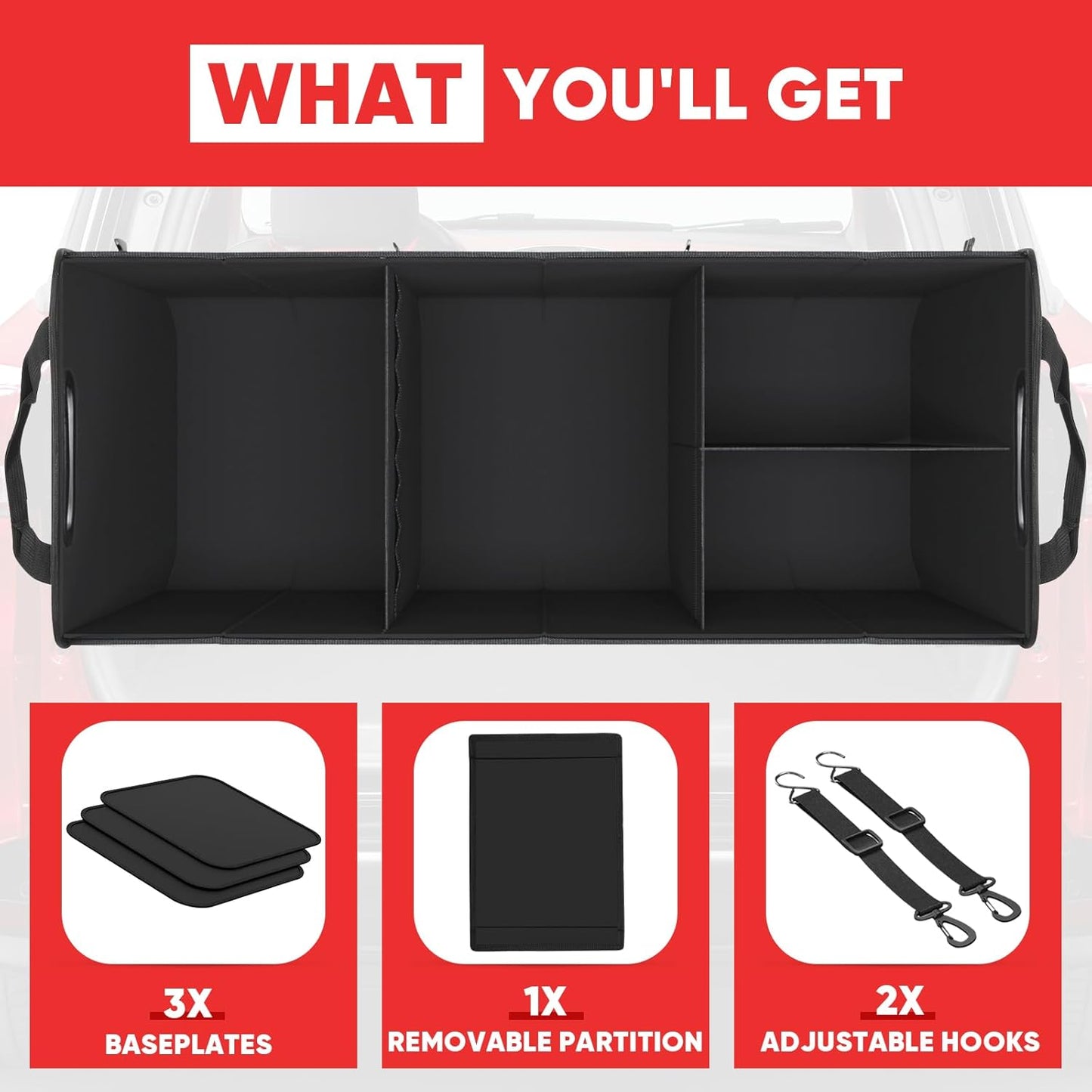 Simniam Large Trunk Organizer for Car, Foldable Multi Compartment Car Trunk Organizer with 2 Retractable Straps, Suitable for All Kinds of Cars, SUV, Minivan - 4 Compartments Red