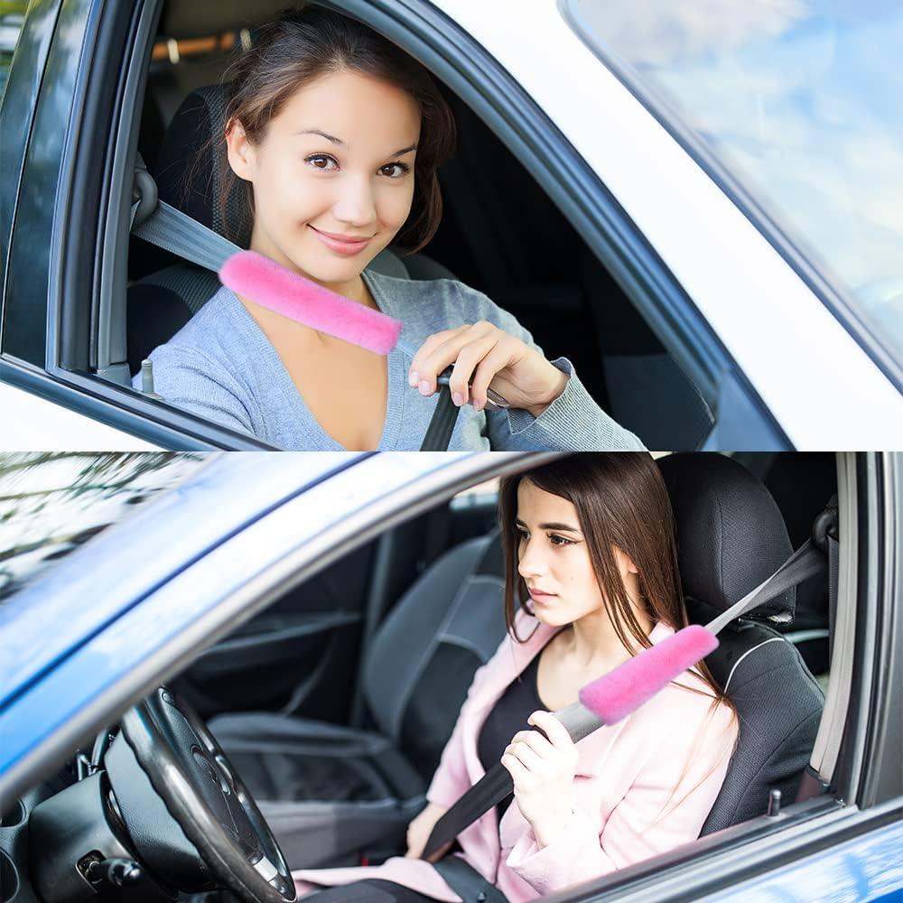 2PCS Fluffy Car Seatbelt Covers - Soft&Comfortable Plush Seat Belt Cushion Protects Shoulder - Universal Seat Belt Covers for Adults or Children Fits Car Truck SUV Van RV (Pink/2pcs)