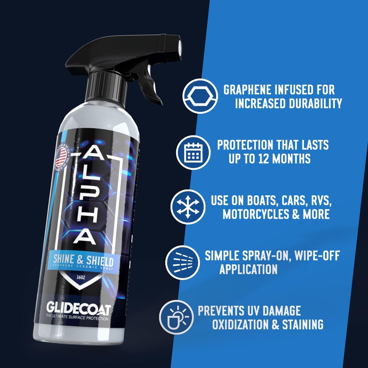 Alpha Shine & Shield Graphene Ceramic Spray - 16oz - Graphene-Infused Spray Sealant for Cars, Boats, RVs and Motorcycles - Up to 12 Months UV Protection, Gloss, and Hydrophobics