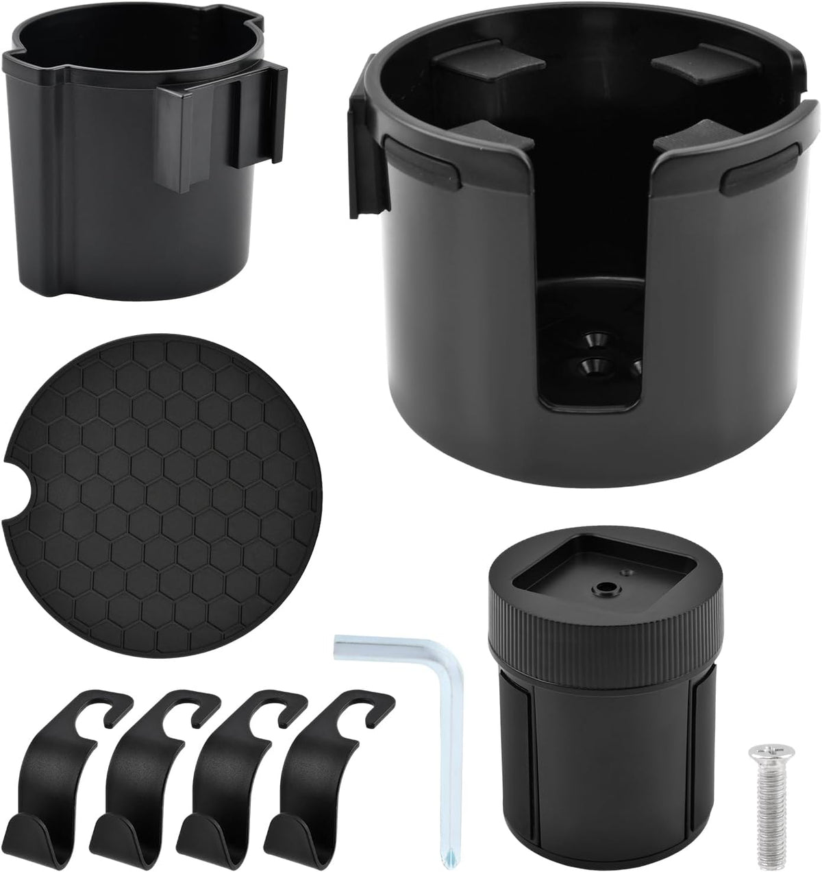 1 Pack Car Cup Holder Expander 2 in 1 Adapter with Expandable Base, Car-Seat Headrest Hook 4 Pack Hanger Storage Organizer fit Universal Vehicle Car Mugs in 2.2"-4.6" (10-46oz)