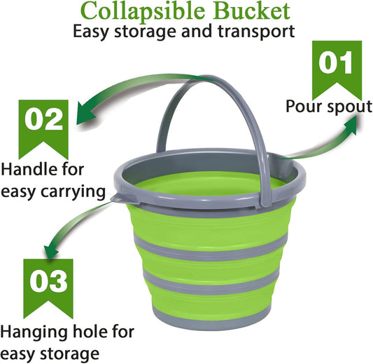 Collapsible Bucket with 3-in-1 Car Wash Mitt, Coral Velvet + Weave + Chenille Microfiber Glove Sponge, 10L (2.6 Gallon) Portable Folding Basin Pail for Household Cleaning