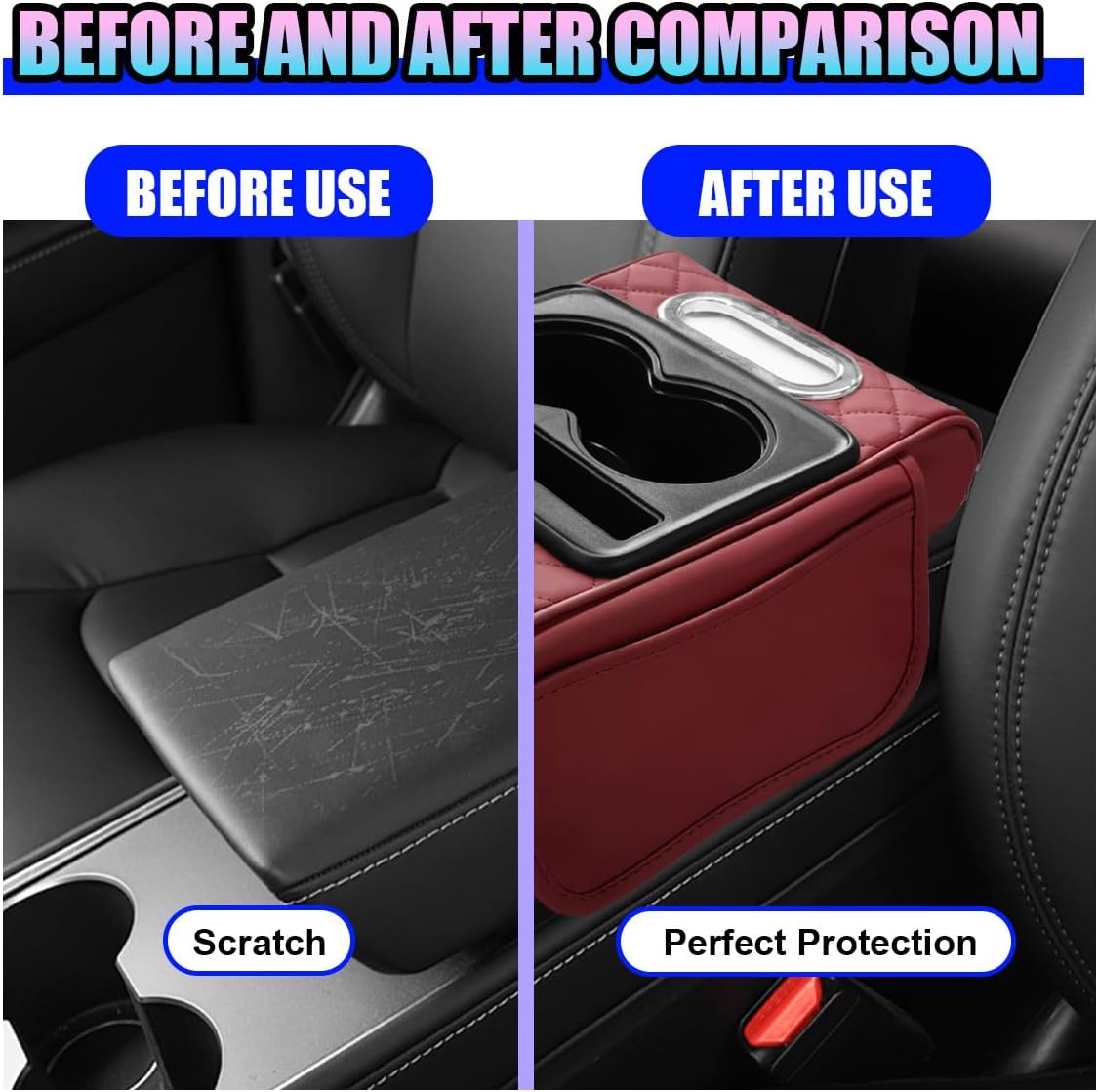 Leather Car Center Console Cover, Universal Automotive Armrest Booster Cushion, Vehicle Middle Console Organizer with 2 Cup Holders, Side Storage Bag, Tissue Box & Phone Slot(Black)