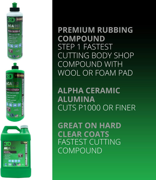 3D ACA 510 Rubbing Compound – Fast-Cutting Paint Correction Compound with Alpha Ceramic Alumina | Body Shop Safe, Low Dust, Silicone-Free, Made in USA - 32 oz