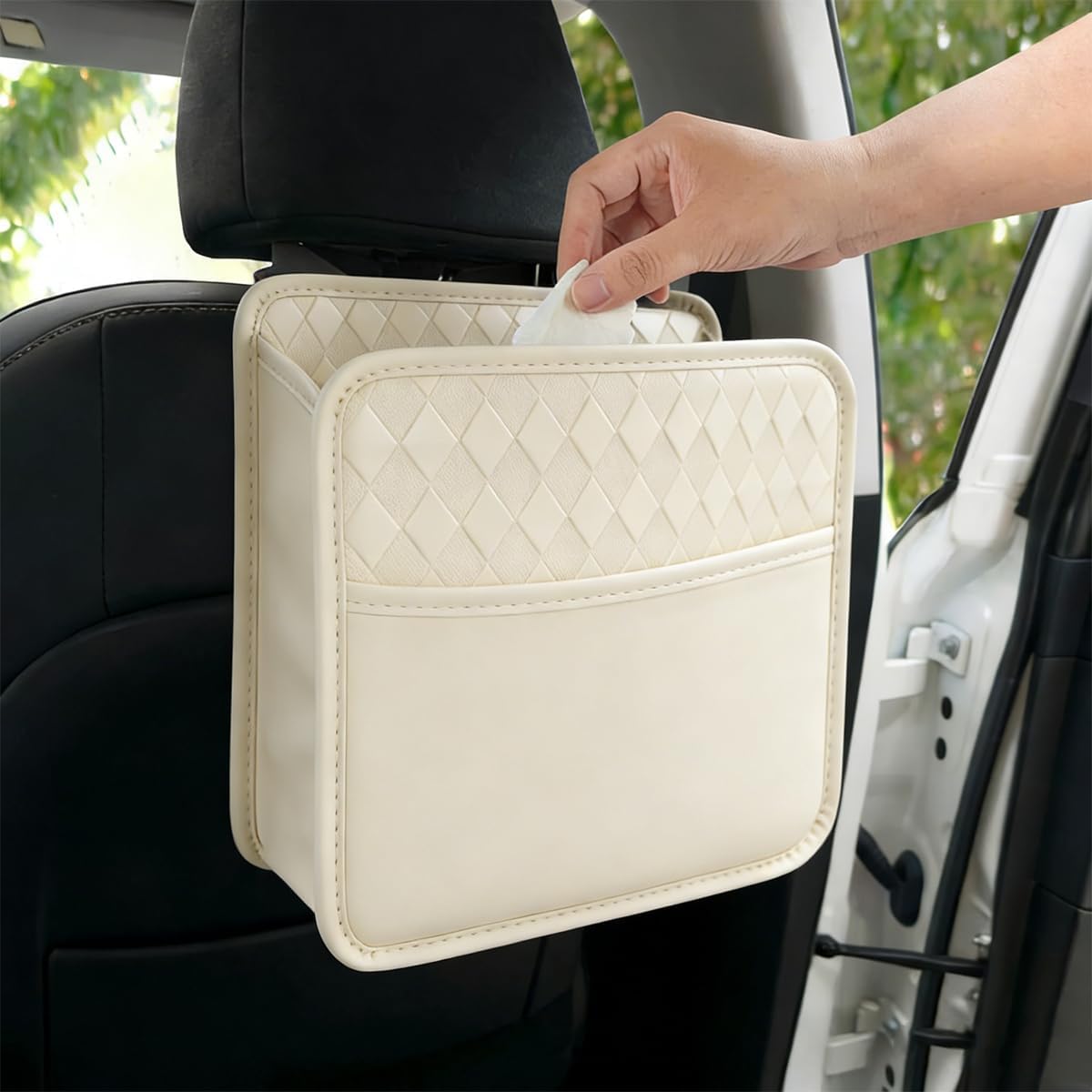 Mandark Car Seat Back Organizer, PU Leather Vehicle Backseat Hanging Storage Pocket, Multipurpose Auto Travel Essentials Accessories for Kids & Adults, Universal for Most Cars (Black)