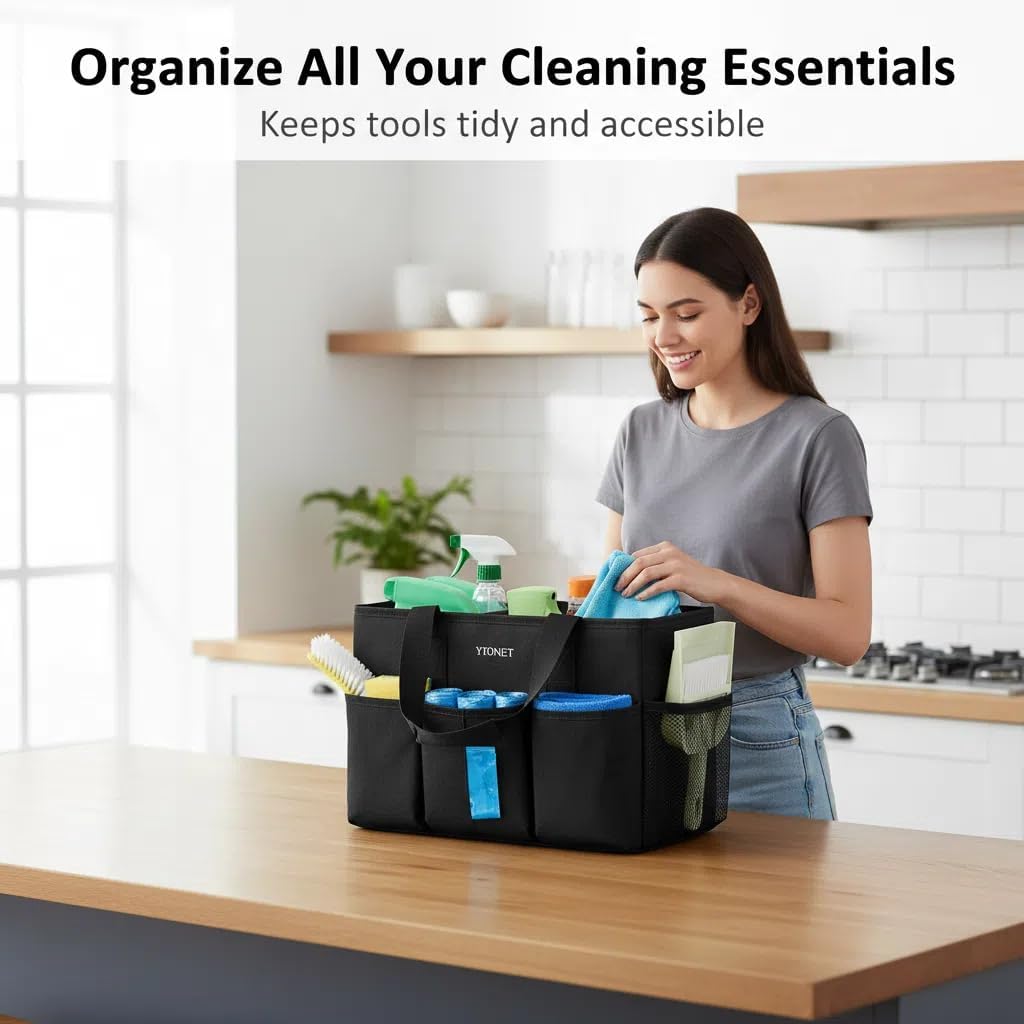 Ytonet Cleaning Caddy, Water Resistant Cleaning Supplies Organizer with Handle & Foldable Divider for Cleaners, Housekeeping Tote for Kitchen & Bathroom, Car Tool Caddy Organizer Bag, Black