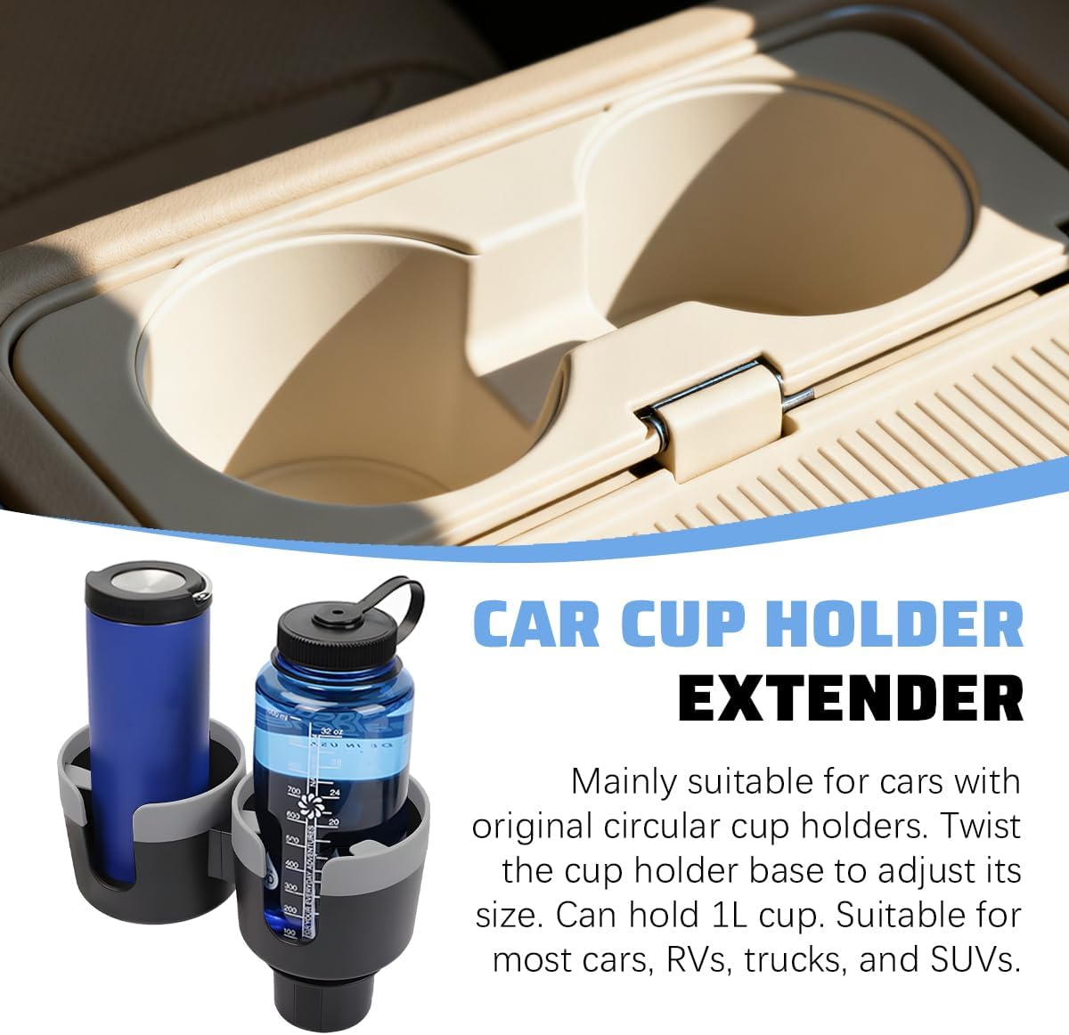 Car Double Cup Holder Expander, 2 in 1 Multifunctional Vehicle Cup Holder Adapter with Adjustable Base, Auto Drink Bottles Extender Organizer, Universal for SUV Automobile Truck (Gray)