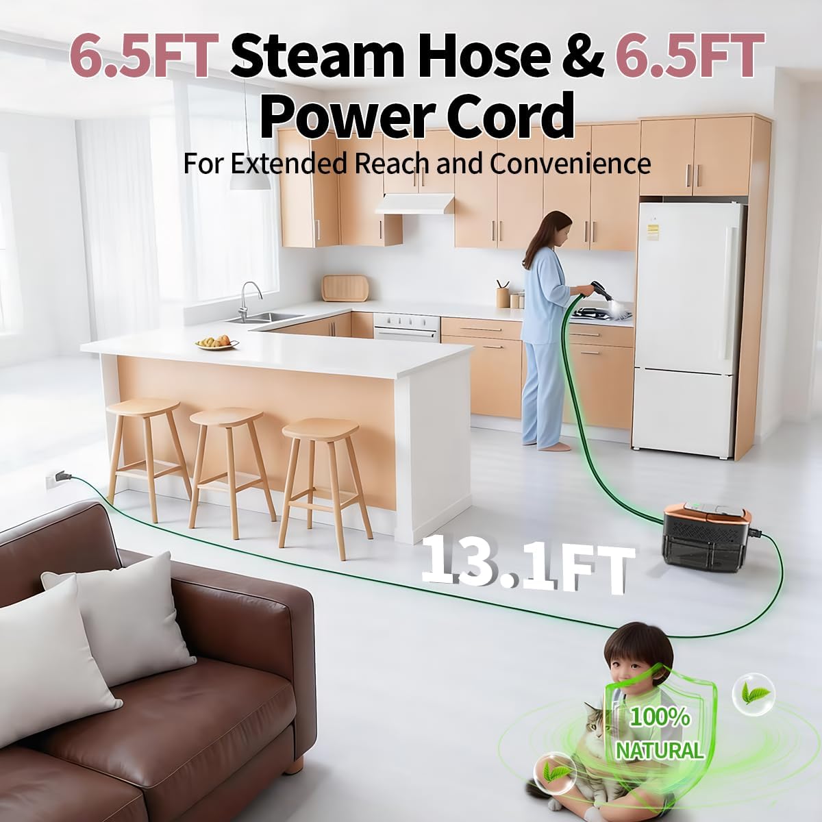 Steam Cleaner for Home & Car, 3-Level Adjustable Steamer for Cleaning with Temp Display,15s Fast Heat,1.8L Large Tank, 4Bar Powerful Steam for Grout,Grease,Tile,Couch,Toilet, Car Detailing,Windows