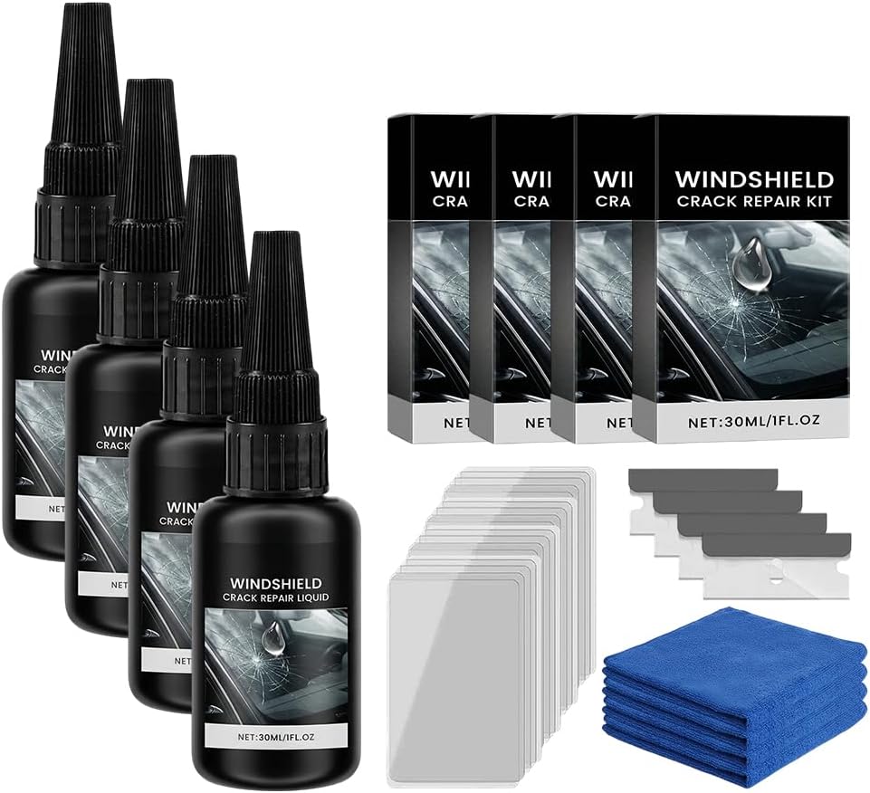 Windshield Crack Repair Kit, 2026 New Advanced Formula Quick Fix with 30ml Glass Repair Liquid 1 Towel 1 Blade 5 Curing Films, Universal Cracks Gone Glass Repair Kit (1 * Black)
