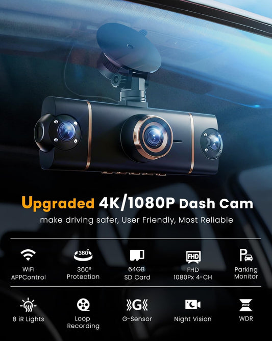 4K+1080P*3 FHD Car Camera, 4 Channel 360° Dash Cam Front Rear Inside & Left Right, 5GHz WiFi & App Control, 24H Parking Mode, G-Sensor, 8 IR Lamps Night Vision, Loop Recording, Includes 64GB SD Card
