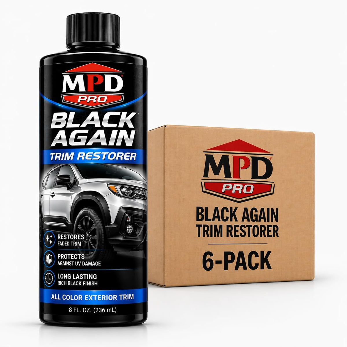 MPD Pro Black Again Trim Restorer for Cars – Restores Faded Plastic, Vinyl & Rubber Exterior Trim, Deep Black Finish for Bumpers, Mirrors & Moldings, UV Protection, Non-Greasy Formula, 8oz (Pack of 1)