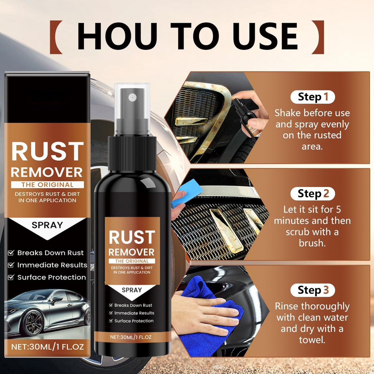 Rust Remover Spray Heavy Duty Metal Cleaner, Upgrade Rust Remover for Metal, Multipurpose Rust Stain Remover Spray, Iron Remover Car Detailing,Heavy Duty Rust Dissolver for Metal (30ML*3Pcs)