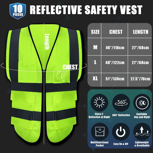 10 Pcs Reflective Safety Vest with Pockets and Zipper High Visibility Vest for Women Men Work, Construction, Cycling