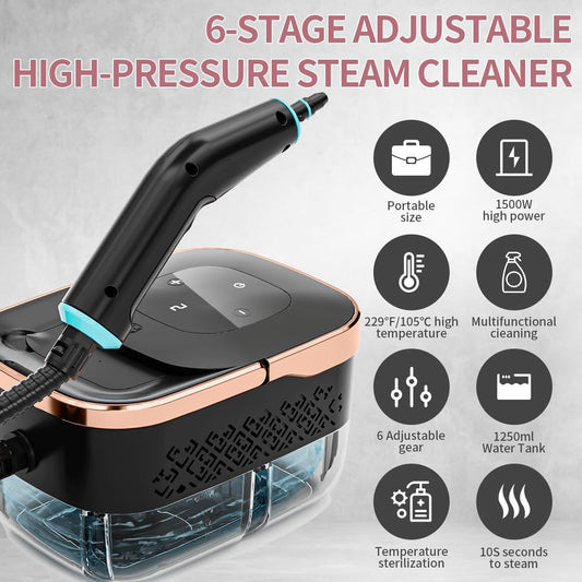 Handheld Steam Cleaner, 4 Bar Pressurized steam cleaner with 11 Accessories,15s Fast Heat-Up & 6-Level Adjustable,1500W Steamer for Cleaning Grout,Grease,Tile, Couch, Car Detailing, Windows & Floors