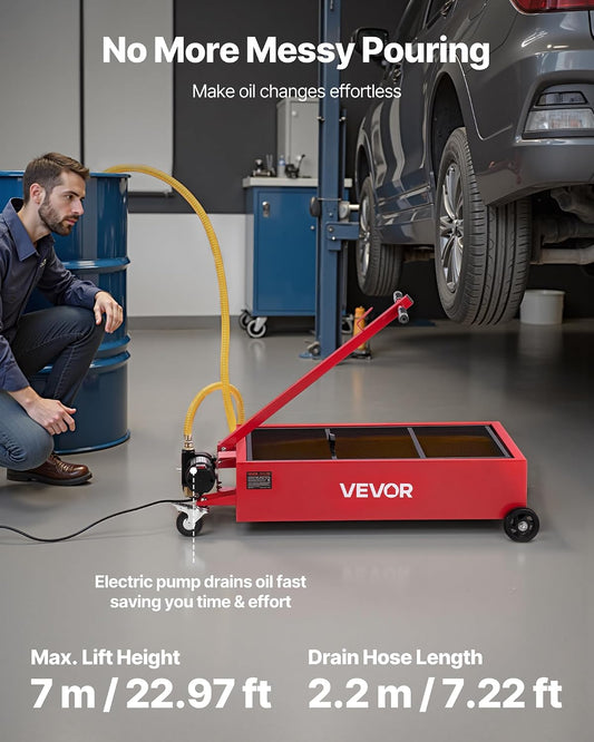 VEVOR Low Profile Oil Drain Pan, 15 Gallon Capacity, Rolling Oil Drain Pan with Electric Pump & 7.2 ft Hose, Leak-Proof & Corrosion-Resistant, Fit for Cars, SUVs, Trucks, Motorcycles, ATVs, Metal