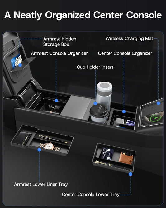 Center Console Organizer Tray for Tesla Model Y Juniper 2026 2025 (Premium & Performance), 8PCS - PC Material & Silent Silicone Armrest Storage Box Bottom Liners Wireless Charging Pad Cup Holder