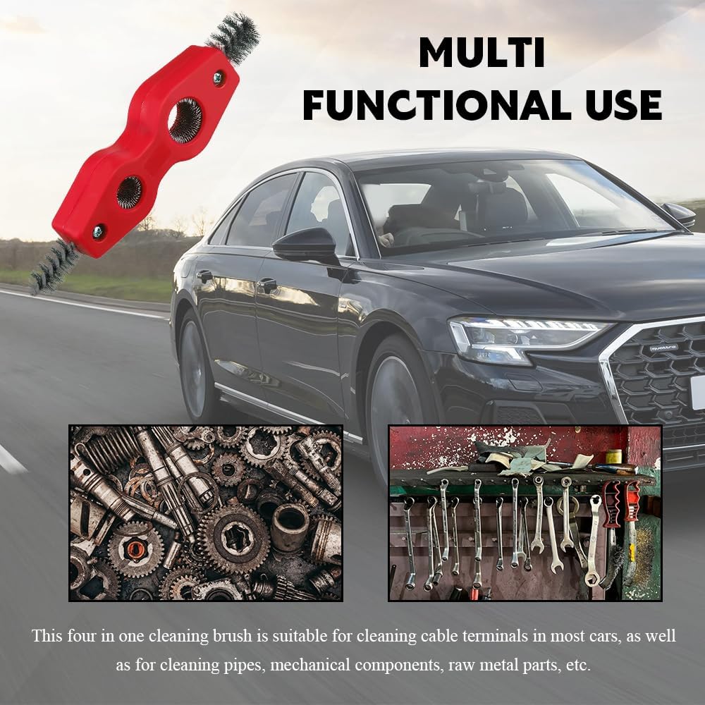 4 in 1 Car Battery Cleaning Brush, Battery Terminal Brush, Anti-Rust Auto Battery Cleaner with Steel Wire, Car Accessories Vehicle Machine Parts Cleaning Tools Fit for Auto Marine (Black)