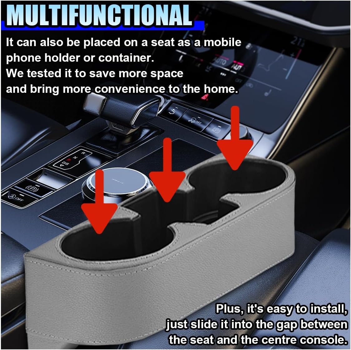 ZIMISI Car Cup Holder, PU Leather Auto Front Console Gap Filler Organizer, Multifunctional Cup Drink Holder, Car Seat Gap Filler Storage Box, Coin Bucket, Cell Mobile Phone Holder (Grey)