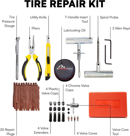 Boulder Tools Tire Repair Kit - Professional Heavy Duty Tire Plug Kit, Tubeless Tire Repair Kit for Flat Tire & Puncture Repair on Cars, Trucks, SUVs, ATVs, UTVs, RVs & Motorcycles