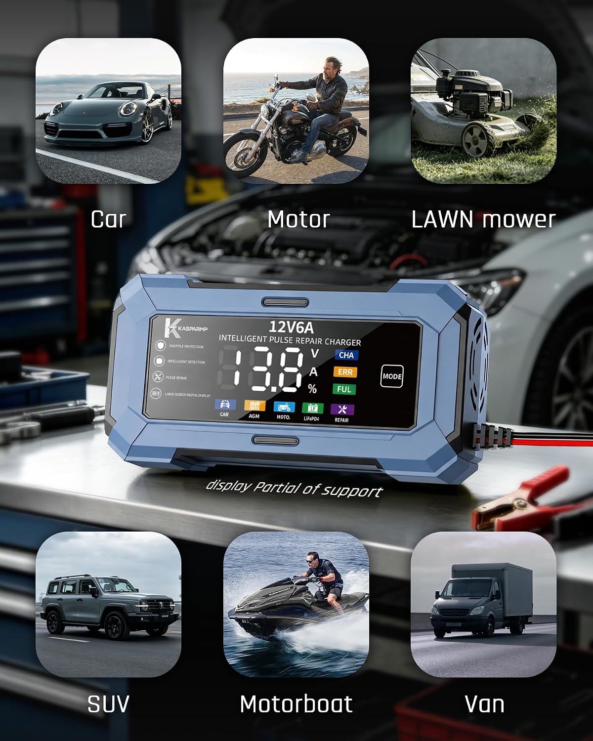 Car Battery Charger and Automatic Trickle Charger Battery Maintainer with Intelligent Pulse Repair Digital Display trickle Charger for car Battery 12v 6A for AGM LiFePO4 Motorcycle Batteries