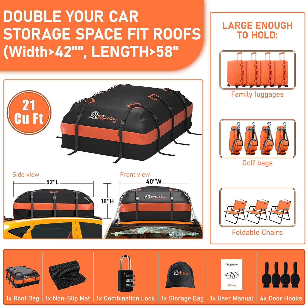 Asinking Car Rooftop Cargo Carrier Bag 21 Cubic feet Waterproof Car Roof Top Bag for All Cars with/Without Rack, Includes Anti-Slip Mat, 10 Reinforced Straps, 6 Door Hooks, Luggage Lock