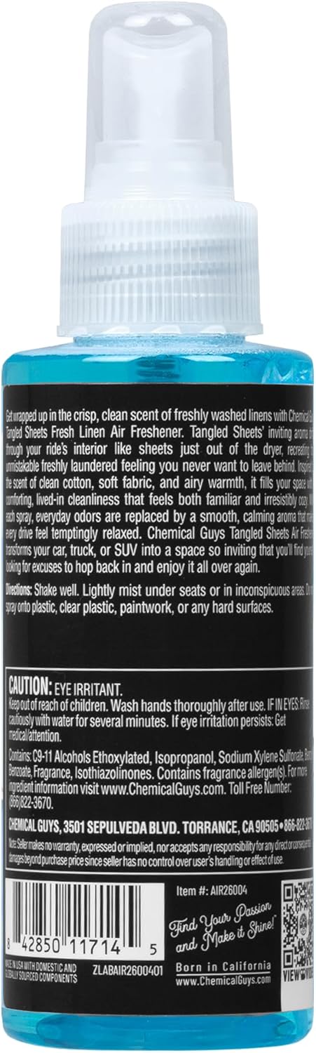 Chemical Guys Tangled Sheets Fresh Linen Scent Air Freshener Spray and Odor Eliminator, Clean Fabric Inspired Spray for Home, Office, Bathroom, Dorm, and Car Interior - 16 Fl Oz